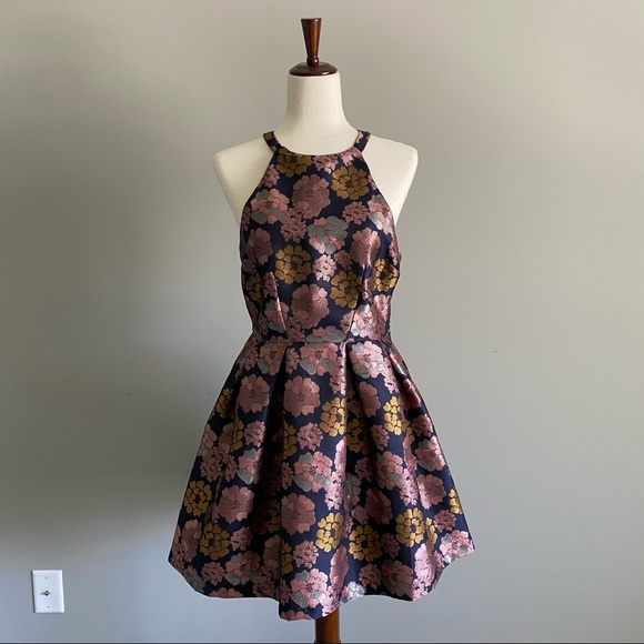 Pimkie | Dresses | Nwt Navy Metallic Floral Dress With Halter Neckline